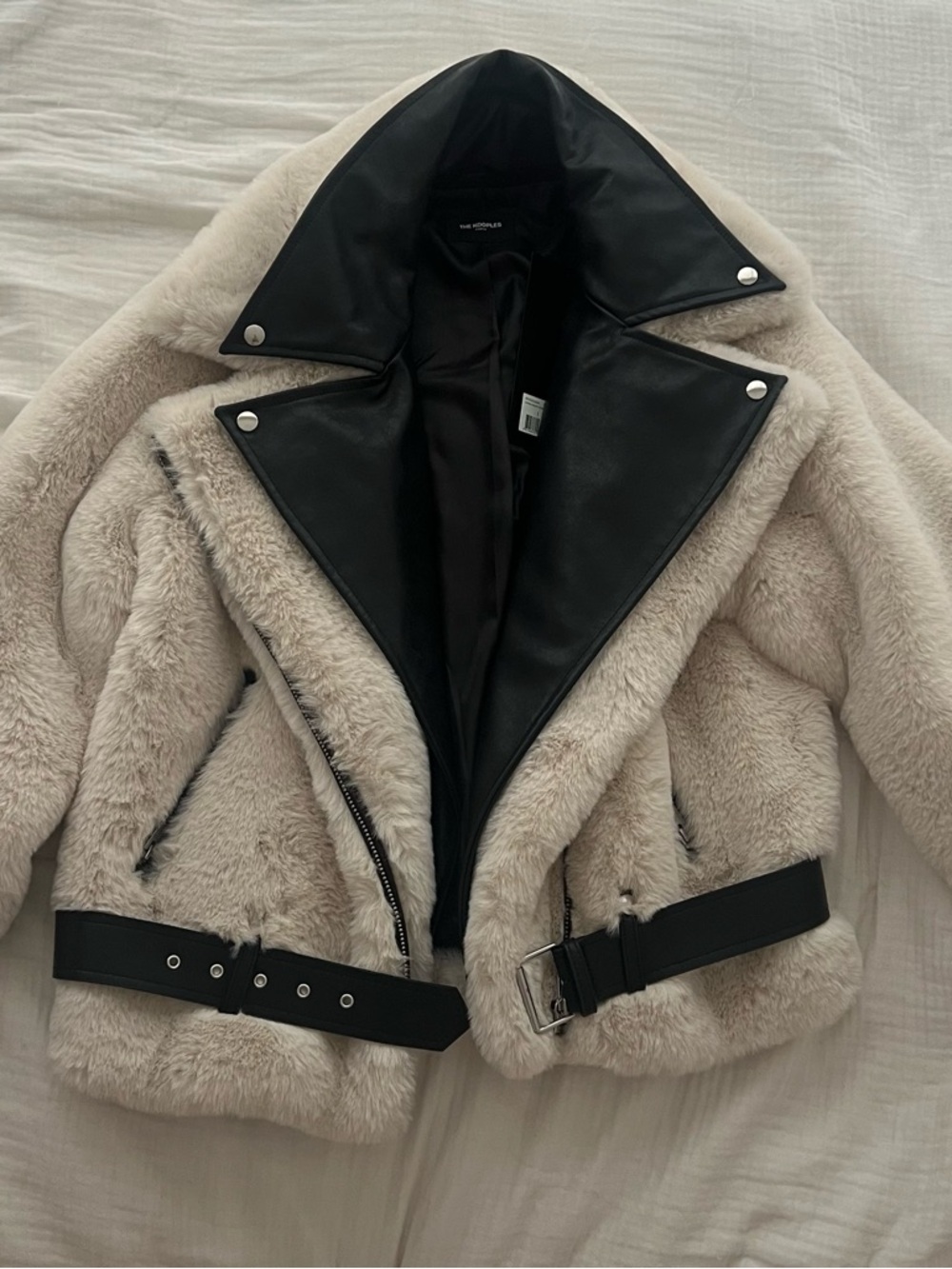 The Kooples Cream Faux Shearling Biker Jacket with Black Trim